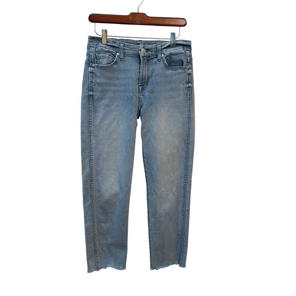 7FAM Ankle Straight Jeans Womens Size 27 Distressed Fringe Hem - Picture 1 of 8